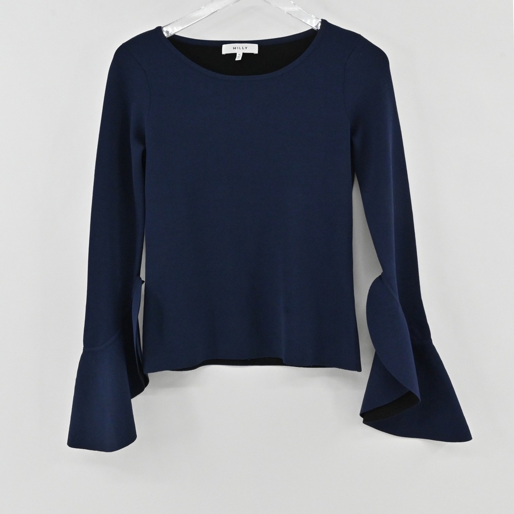 Milly Bell Sleeve Knit Top Womens Size M Navy Blue Crew Neck Stretch Pullover